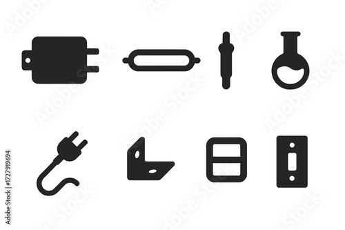 Neon Light Components Icons. Solid, filled icon set of neon light components: transformer, glass tube, electrode, gas fill, power cable, mounting bracket,