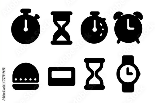 Timer Device Icons. Solid, filled icon set of timer devices: stopwatch, hourglass, countdown clock, alarm clock, kitchen timer, digital timer, sand timer,
