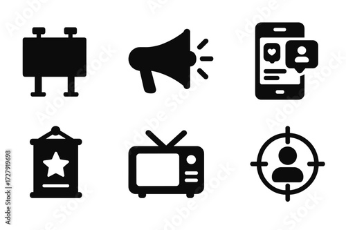 Advertising Icons Set. Solid, filled icon set of advertising agency: billboard, megaphone, social media, flyer, poster, TV screen, radio, target audience.