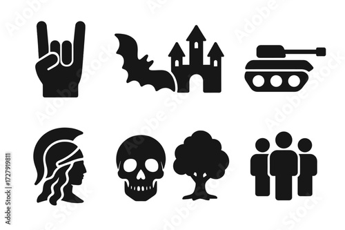 Metal Theme Icons. Solid, filled icon set of metal lyrics themes: rebellion, darkness, fantasy, war, mythology, death, nature, society. Solid, filled icons in