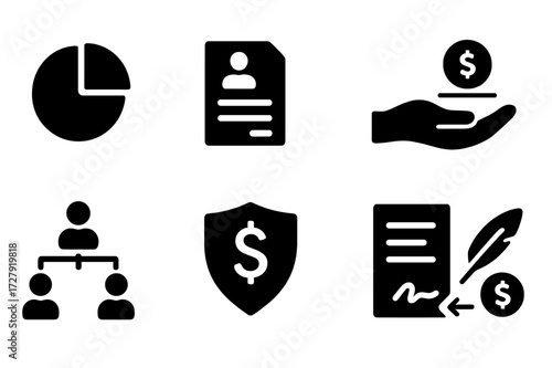 Wealth Distribution Icons. Solid, filled icon set of wealth distribution: pie chart, inheritance document, donation hand, charity box, family tree, trust fund,