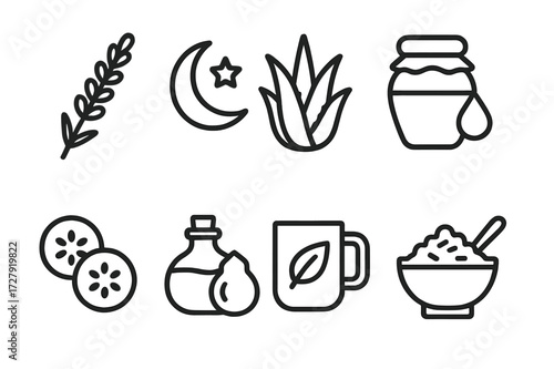 Night Care Icons. Solid, filled icon set of night care natural remedies: lavender, chamomile, aloe vera, honey, cucumber slices, coconut oil, green tea,