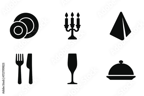 Elegant Dining Icons. Solid, filled icon set of elegant dining: fine china, crystal glass, silverware, candelabra, linen napkin, champagne flute, dessert