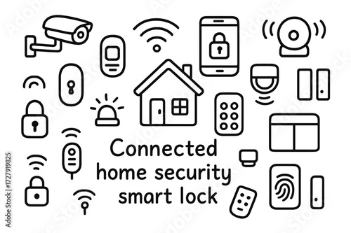 Connected Home Security Icons. Hand-drawn doodle illustration Connected home security Smart lock, security camera, smartphone, keypad, motion sensor, alarm