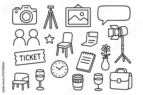 Photography Exhibition Icons. Hand-drawn doodle illustration photography exhibition camera, tripod, photo frame, spotlight, ticket, chair, notebook, flower