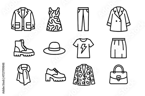 Fashion Icon Grid. Fashion-forward pieces. Line icon set of fashion-forward pieces: oversized jacket, patterned dress, leather pants, statement coat, chunky