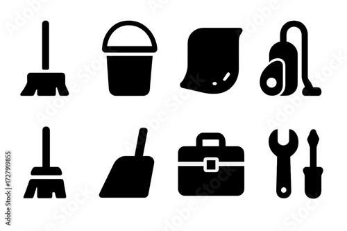 Cleaning Tools Icons. Solid, filled icon set of counter maintenance: mop, bucket, cleaning cloth, vacuum cleaner, broom, dustpan, toolbox, repair tools. Solid,
