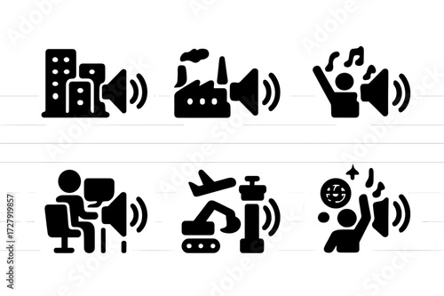 Noise Icons Set. Solid, filled icon set of noise in environments: city, factory, concert, office, home, airport, construction site, nightclub. Solid, filled