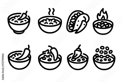 Spicy Bean Icon Set. Solid, filled icon set of spicy bean dishes: chili con carne, spicy bean stew, spicy bean tacos, fiery bean chili, spicy bean curry,