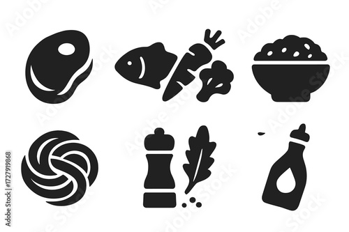 Main Course Icons. Solid, filled icon set of main course ingredients: meat, fish, vegetables, rice, pasta, spices, herbs, sauce. Solid, filled icons in only