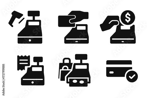 Cash Register Icons. Solid, filled icon set of cash register transactions: scanning item, entering price, processing payment, giving change, printing receipt,