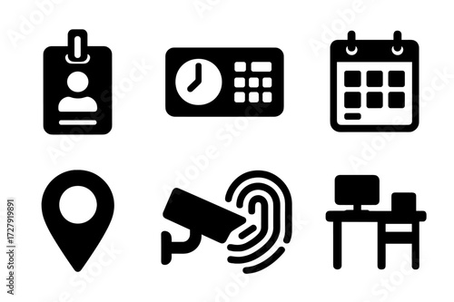 Employee Icon Set. Solid, filled icon set of employee tracking: ID badge, clock-in machine, calendar, attendance sheet, location pin, security