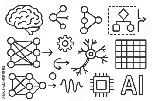 Neural Network Doodle. Hand-drawn doodle illustration Neural networks [brain, neural node, connection line, algorithm symbol, circuit, neuron, data flow arrow,