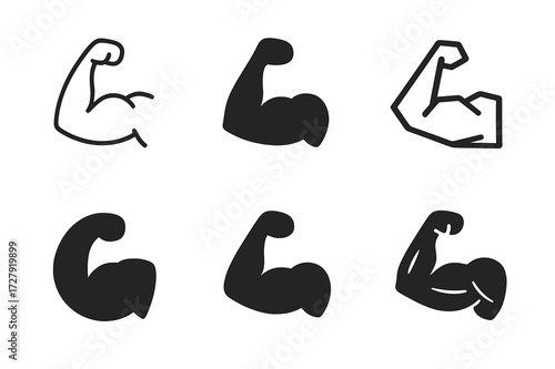 Muscle Logo Variations. Toning muscles. Set Logo of toning muscles: flexed arm. harmonious logo variations of the same emblematic concept, each with different
