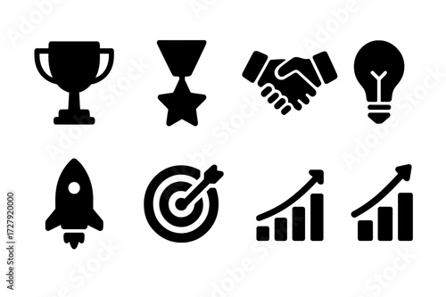 Innovation Awards Icons. Solid, filled icon set of innovation awards: trophy, medal, star, light bulb, handshake, rocket, target, graph upward. [Line icons in