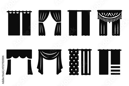 Curtain Design Icon Set. Solid, filled icon set of curtain design styles: minimalist curtain, classic drape, modern panel, boho curtain, rustic valance,