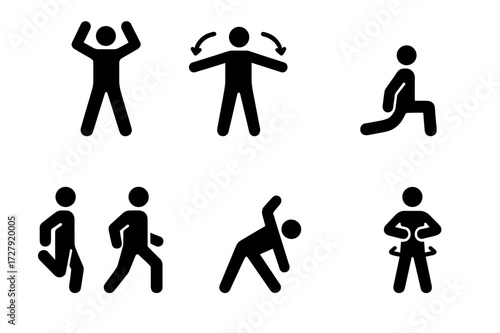 Cardio Warm-Up Icons. Solid, filled icon set of cardio warm-up moves: jumping jacks, arm circles, leg swings, lunges, butt kicks, side steps, dynamic stretch,