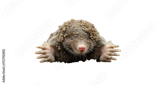 Mole emerging from hole in dirt looking at camera close up.