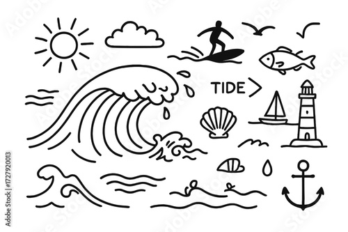 Ocean Doodle Icons. Hand-drawn doodle illustration Ocean Waves [wave crest, ripple lines, foam splash, tide arrow, surfer silhouette, shell, fish, sun, cloud,