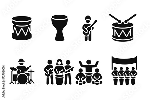 Drum Icon Collection. Solid, filled icon set of drum history and culture: vintage drum, tribal drum, marching drum, jazz drummer, rock band, drum circle,