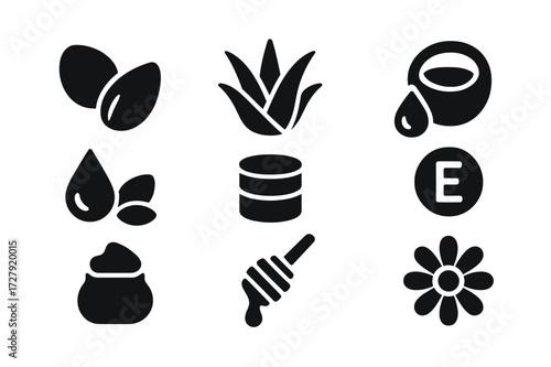 Skincare Ingredients Icons. Solid, filled icon set of cream balm ingredients: shea butter, aloe vera, coconut oil, vitamin E, jojoba oil, beeswax, honey,