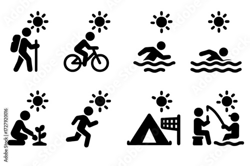 Outdoor Activity Icons. Solid, filled icon set of outdoor activities in sunlight: hiking, cycling, swimming, gardening, running, camping, beach volleyball,