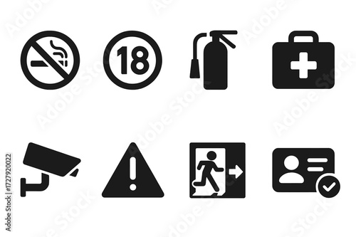 Bar Safety Icons. Solid, filled icon set of bar safety and regulations: no smoking sign, age restriction, fire extinguisher, first aid kit, security camera,