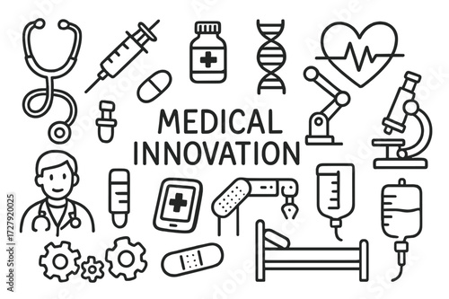 Medical Innovation Symbols. Hand-drawn doodle illustration medical innovation stethoscope, syringe, pill bottle, DNA strand, heart monitor, microscope, robot
