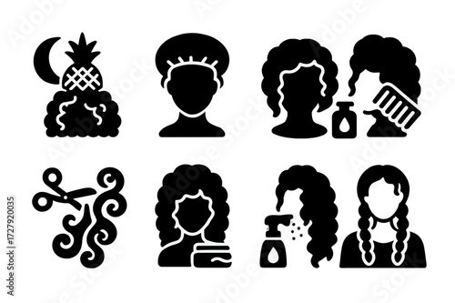 Curly Hair Care Icons. Solid, filled icon set of ringlet maintenance: nightly pineapple, silk bonnet, moisturizing, detangling, trimming, deep conditioning,