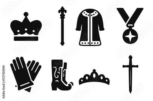 Nobility Attire Icons. Solid, filled icon set of nobility attire: crown, scepter, robe, medallion, gloves, ornate boots, tiara, ceremonial sword. Solid, filled