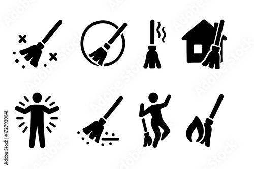 Ritual Broom Icons. Solid, filled icon set of ritual broom symbolic actions: sweeping away negativity, drawing protection circle, releasing energy, blessing