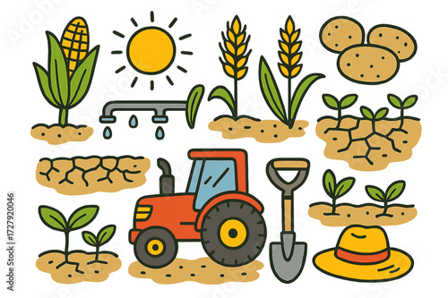 Sandy Soil Farming Fun. Agriculture on sandy soil. Colorful Hand-drawn doodle Children illustration agriculture on sandy soil corn, wheat, potato, irrigation