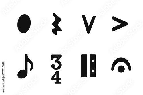 Musical Notation Icons. Solid, filled icon set of cadence notation symbols: note heads, rests, accents, dynamics, tempo marks, time signatures, repeat signs,