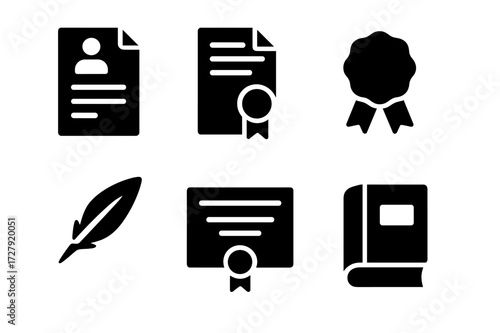 Succession Document Icons. Solid, filled icon set of succession documentation: will, legal papers, seal, document folder, quill pen, certificate, old book,