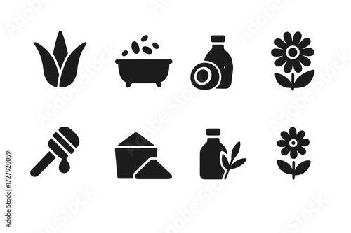 Natural Remedy Icons. Solid, filled icon set of rash natural remedies: aloe vera, oatmeal bath, coconut oil, chamomile, honey, baking soda, tea tree oil,