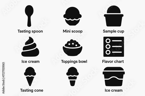 Ice Cream Tasting Icons. Solid, filled icon set of ice cream tasting: tasting spoon, mini scoop, sample cup, ice cream swirl, toppings bowl, flavor chart,