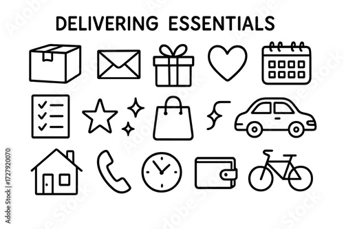 Essentials Delivery Doodle. Hand-drawn doodle illustration Delivering Essentials [box, envelope, gift, heart, calendar, checklist, star, sparkle, shopping bag,