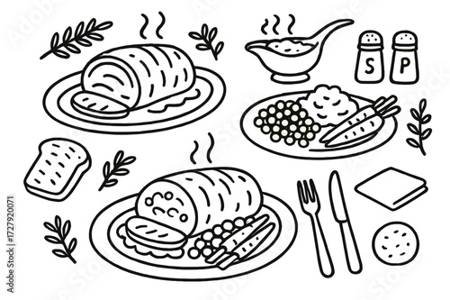 Roast Dinner Doodle. Hand-drawn doodle illustration Roast dinner table roast beef, mashed potatoes, carrots, peas, gravy boat, plate, fork, knife, serving