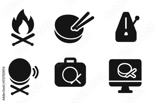Practice Pad Icons. Solid, filled icon set of practice pad uses: warm-up, technique practice, timing exercises, rudiments, rhythm training, quiet practice,