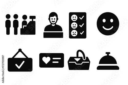 Cash Register Icons. Solid, filled icon set of cash register customer experience: waiting line, friendly cashier, feedback form, smiley face, thank you sign,