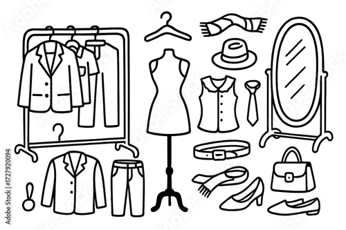 Fashion Showroom Doodles. Hand-drawn doodle illustration Fashion showroom hanger, mannequin, dress, jacket, shirt, pants, shoes, scarf, tie, hat, handbag,