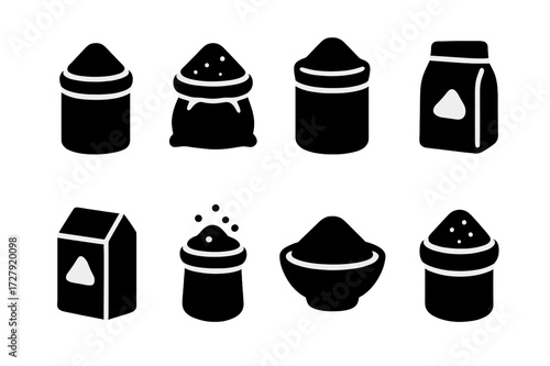 Baking Powder Icon Set. Solid, filled icon set of powder in cooking and baking: baking powder, powdered sugar, cocoa powder, flour, cornstarch, spice powder,