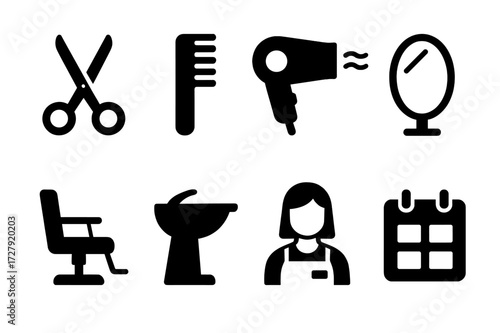Salon Service Icons. Solid, filled icon set of salon service: scissors, comb, hairdryer, mirror, salon chair, shampoo bowl, beautician, appointment book.