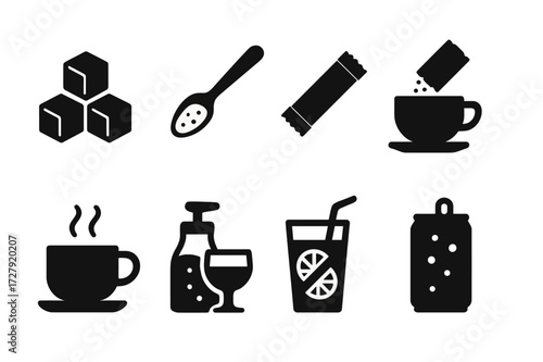 Sugar Beverage Icons. Solid, filled icon set of sugar in beverages: sugar cube, sugar spoon, sugar packet, sweetened tea, sweetened coffee, cocktail syrup,
