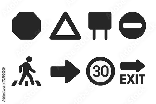 Monochrome Icon Grid. Solid, filled icon set of signs types: stop sign, warning triangle, information board, no entry sign, pedestrian crossing, directional