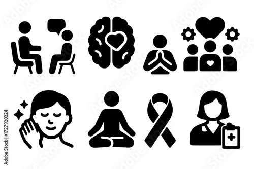 Mental Health Icons. Solid, filled icon set of mental help: therapy session, brain with heart, mindfulness, help group, self-care, meditation, mental health