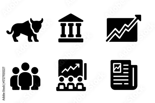 Equity Market Icons. Solid, filled icon set of equity markets: bull and bear, stock exchange building, market chart, index ticker, investor crowd, trading