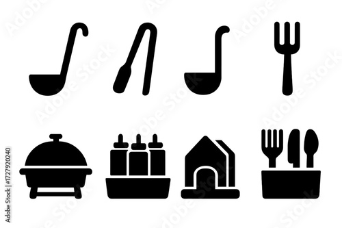 Buffet Service Icons. Solid, filled icon set of buffet service items: ladle, food tong, sauce ladle, serving fork, buffet tray lid, condiment station, napkin