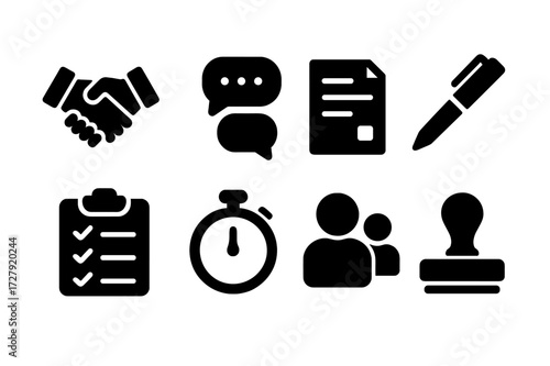 Negotiation Icon Set. Solid, filled icon set of agreement negotiation: handshake, speech bubbles, contract, pen, checklist, timer, people icons, approval
