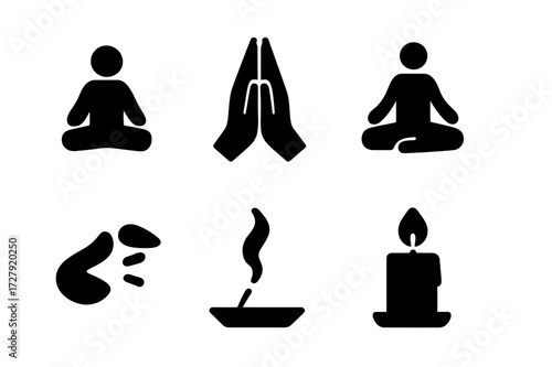 Meditation Icon Set. Solid, filled icon set of meditation and prayer in sacred places: seated figure, folded hands, prayer beads, lotus position, chanting